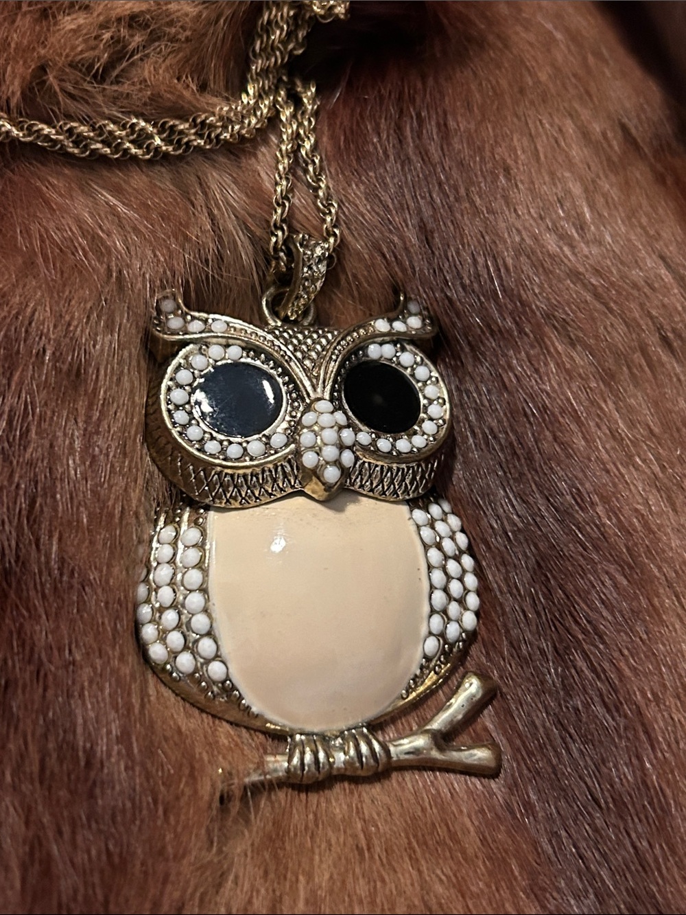 Gold-Tone Owl Pendant Necklace in Cream and Black